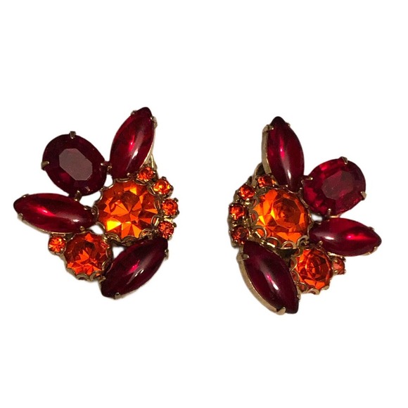 Juliana D&E Mid-Century Mod Red Orange Navette Rhinestone Clip On Earrings - Picture 1 of 6